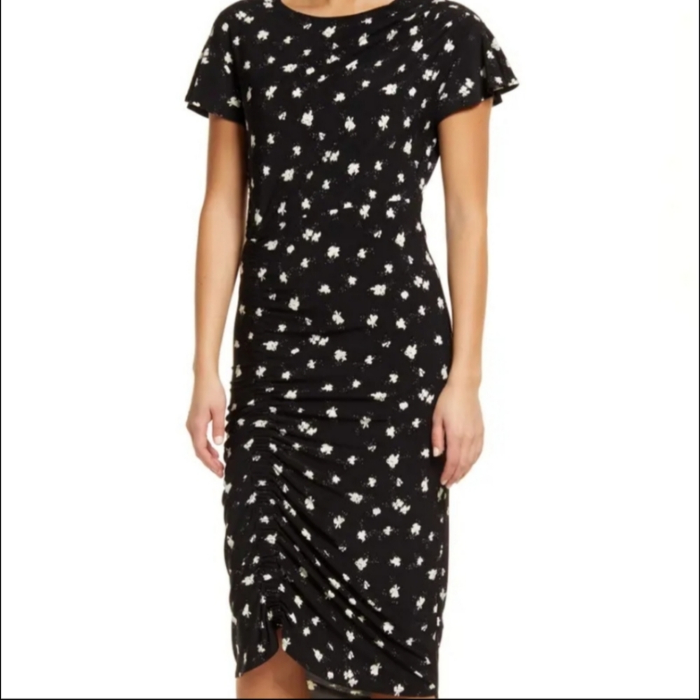 Chelsea28 Flutter Sleeve Ruched Dress Size Small 6 - 8 Stretch Midi NWT
